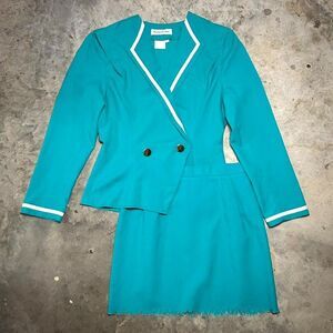 Audrey Celine Vintage Teal Suit Set 80s Two Piece Blazer Skirt